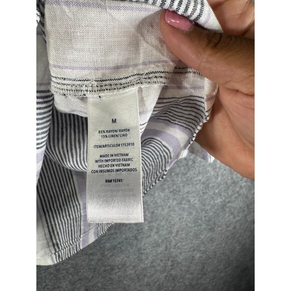 Splendid Top Women Medium Blue Striped Long‎ Sleeve V Neck Linen Blend Coastal - Picture 3 of 7